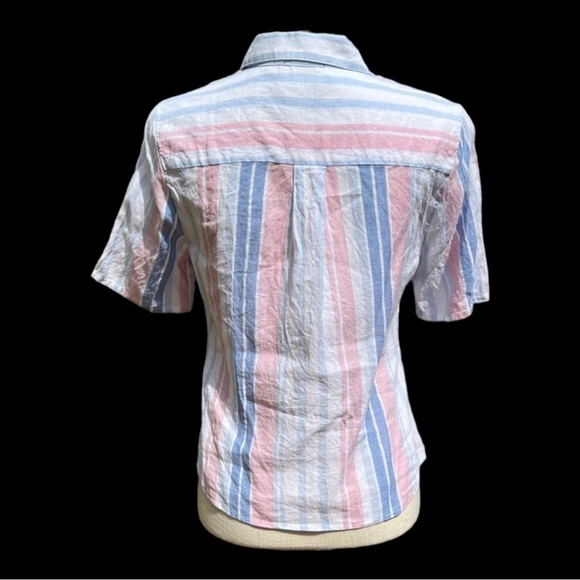 🌻Alexia Admor Blue Pink Linen Striped Button-Up Tie Short Sleeve Top Size 6 - Picture 8 of 11